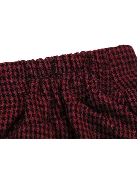 Women's Black & Wine Red Fall High Waisted Wool Plaid A-line Long Maxi Skirt - Picture 4 of 6